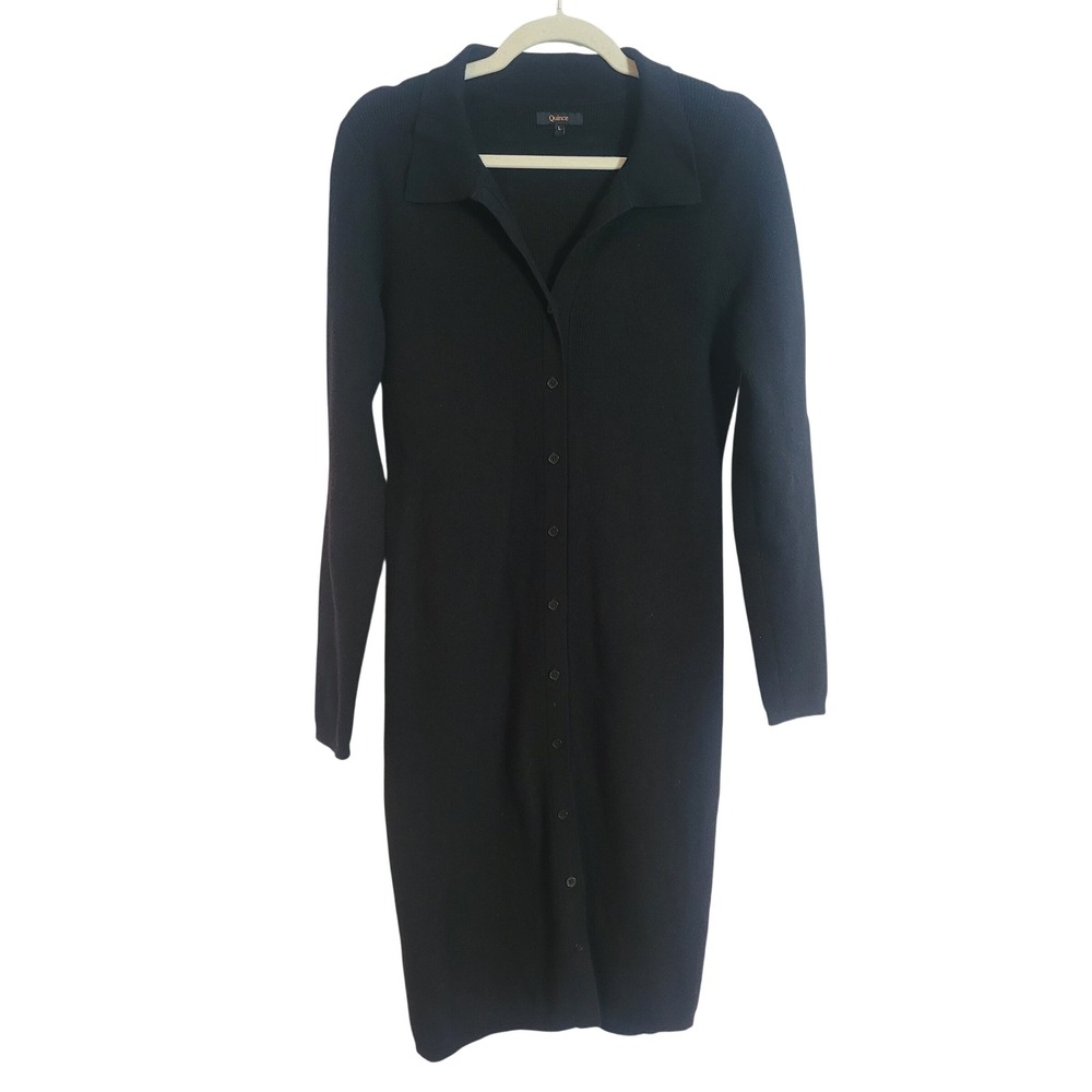 Quince Eco-Knit Button-Up Sweater Dress Black Ribbed Midi Large Preppy Office